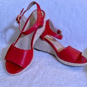 Vionic Stephany Red Leather Espadrille Wedge Sandals, 8.5M